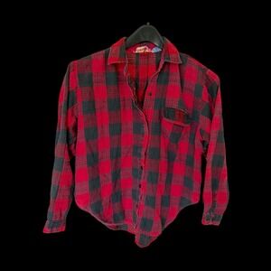 Sam & Max Womens Red Black Buffalo Plaid Cotton Button Down Shirt Two Way Wear L